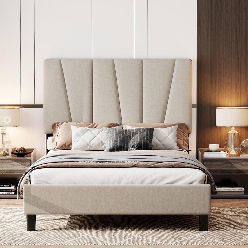 Upholstered Platform Bed with Adjustable Headboard and Slat Support