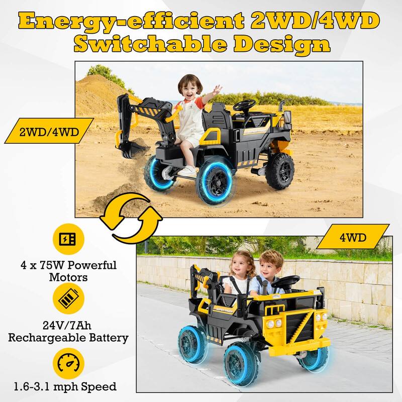Costway 24V Ride On Excavator, 4WD Electric Truck Construction Vehicle - as pic shows - See Details