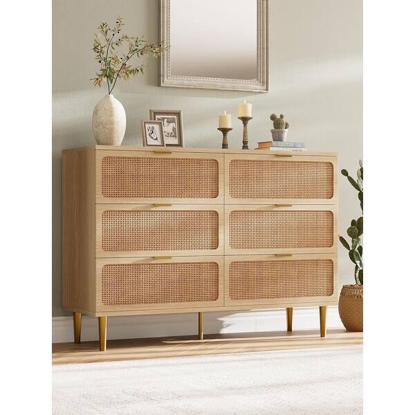 6 Drawer Dresser for Bedroom, Rattan Chest of Drawers
