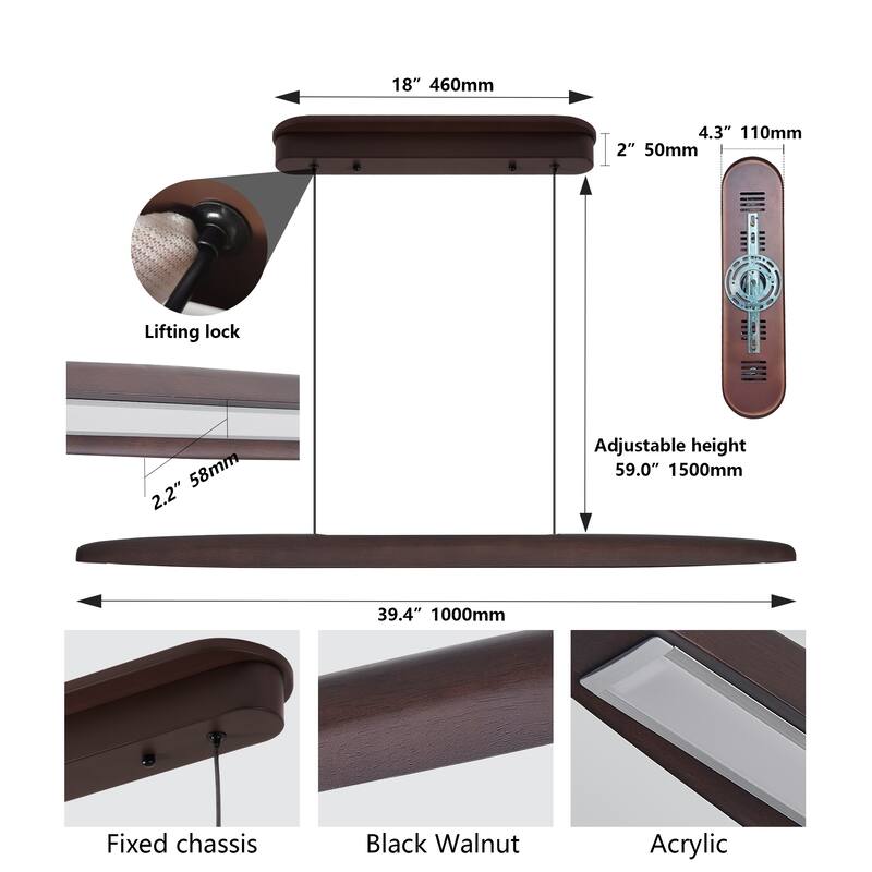 39-inch Streamline Wooden LED Pendant Light with Remote Control, Adjustable Hanging Light for Dining Room, Kitchen - Walnut