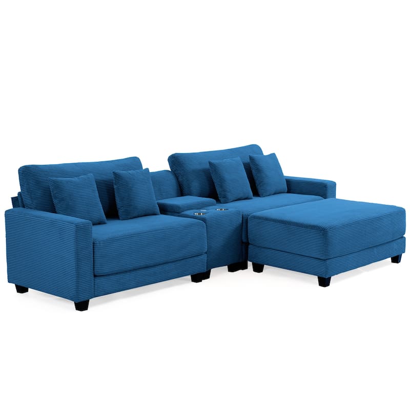Oversized Corduroy Upholstered Sofa with a Removable Ottoman & 4 Pillows