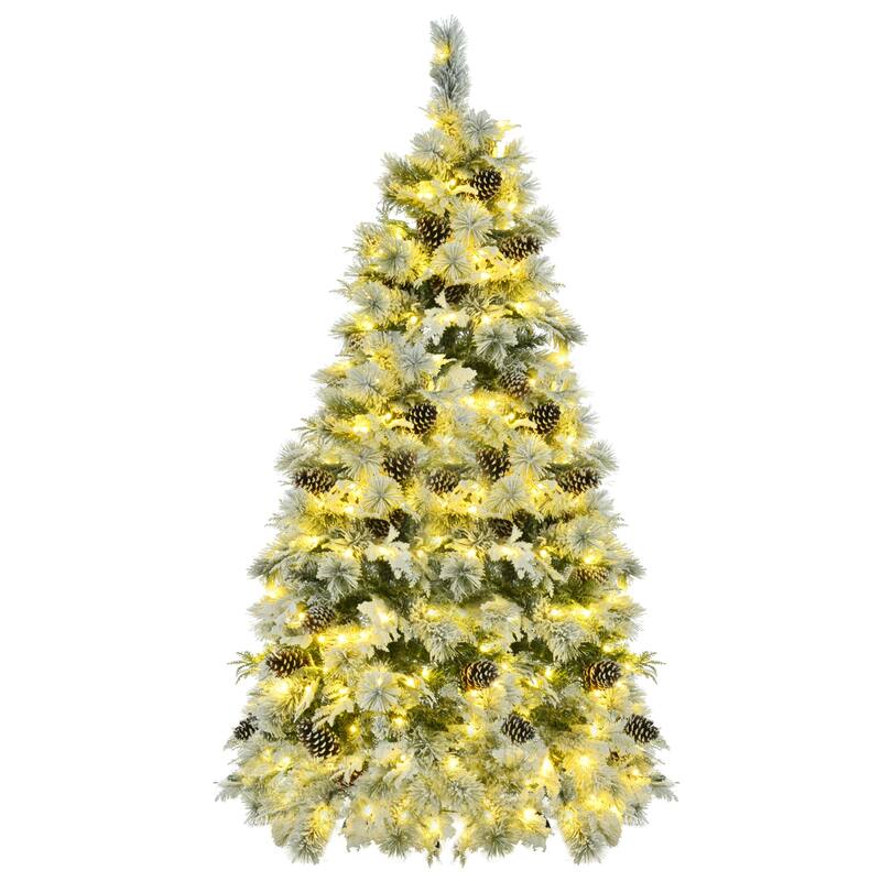 Pre-Lit Snow Flocked Spruce Tree - Mixed PE & PVC Branches, Multi-Color LED Lights, Pine Cones - White+Green