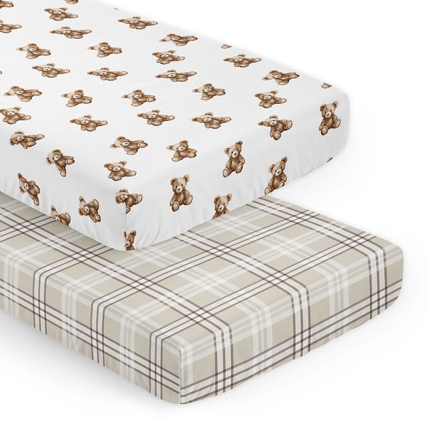 slide 2 of 6, Sweet Jojo Designs Boho Teddy Bear Boy, Girl, Gender Neutral 2 Pack Fitted Crib Sheets -Taupe Plaid & Brown, Watercolor, Classic