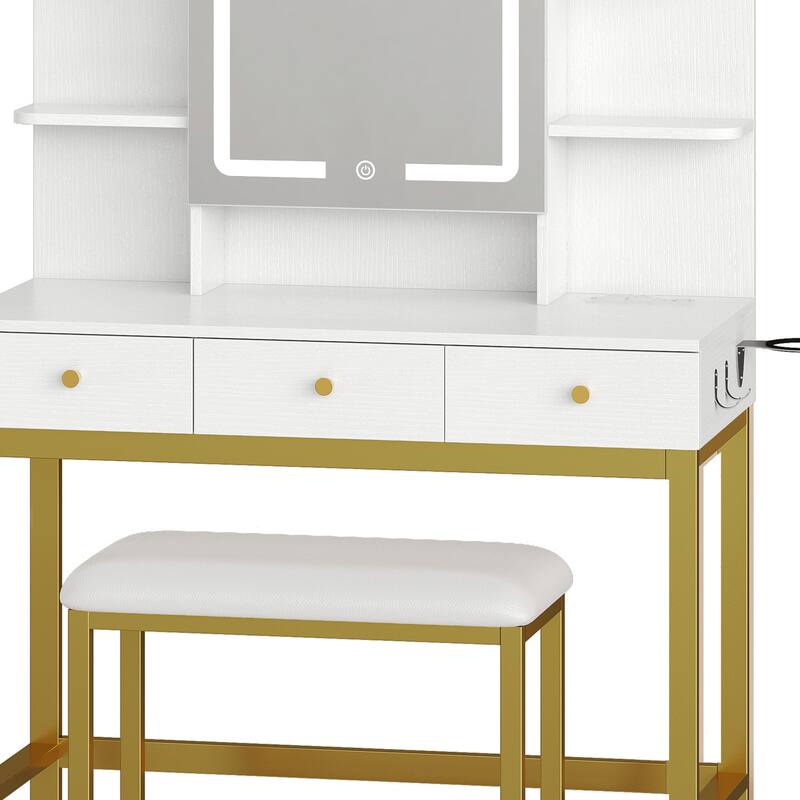 Moasis 3 Drawers Makeup Vanity Desk Set with Lights and Mirror & Stool
