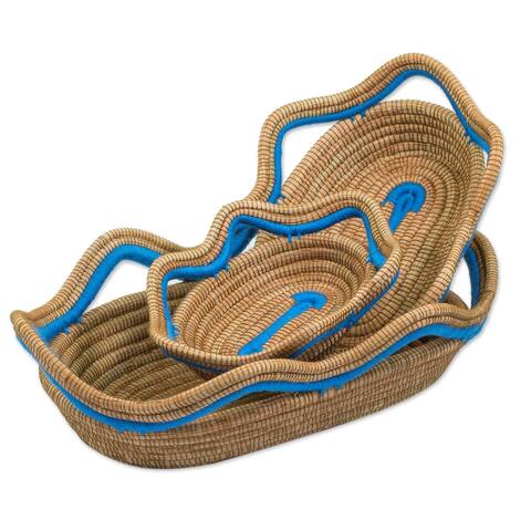 Handmade Wavy Ocean Pine Needle Baskets (Set Of 3) Nicaragua - 3.9" H x 14" W x 9" D