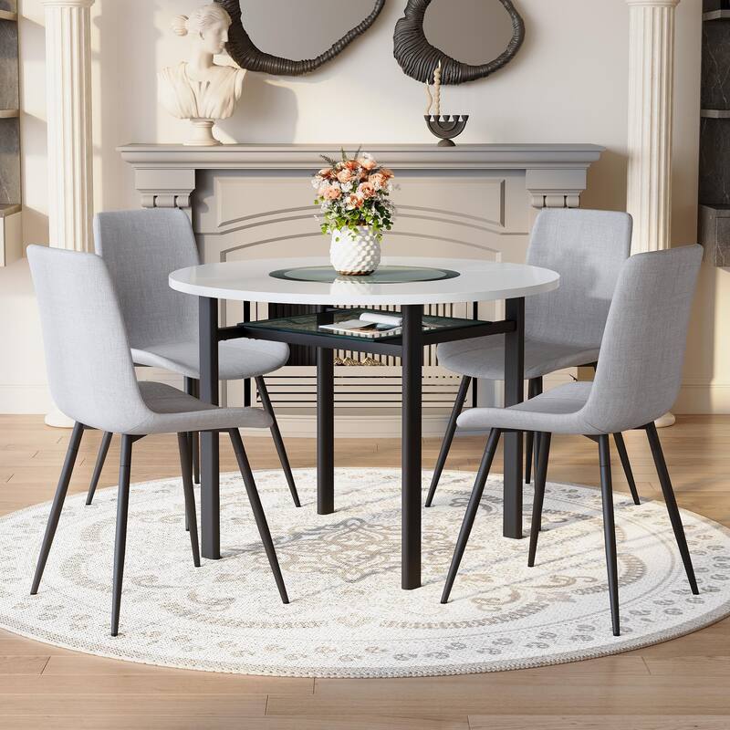 5 Piece Dining Table Set with 42 Inch Round MDF Top Glass Insert 4 PU Chairs