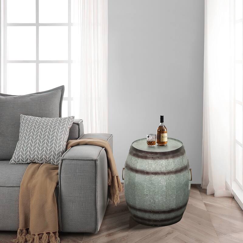 Barrel Drum Shape Storage Table with Removable Lid, Rustic Brown and Gray Metal