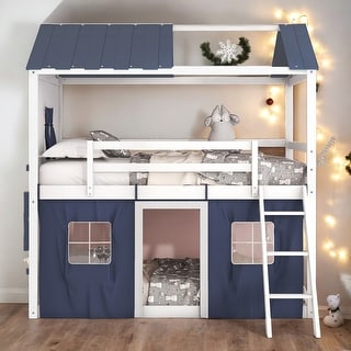 Modren Full over Full Wood Bunk Bed House Bed With Elegant Windows,Sills and Tent For Bedroom
