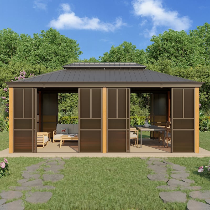 Erommy Outdoor Solarium Sunroom, Patio Hardtop Gazebo, Aluminum Frame Permanent Gazebo with Sliding Doors and Screens