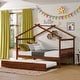 preview thumbnail 1 of 34, Full Size Wooden House Bed with Twin Size Trundle Bed Frame for Kids, Teens, Girls, Boys No Box Spring Needed, Easy Assembly Walnut