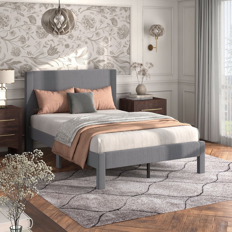 Furniture of America Alyssa Modern Velvet Upholstered Platform Bed with Channel Headboard and Wooden Slats