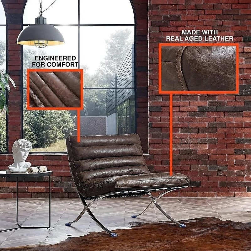 Mid Century Tufted Top Grain Leather Upholstered Lounge Chair
