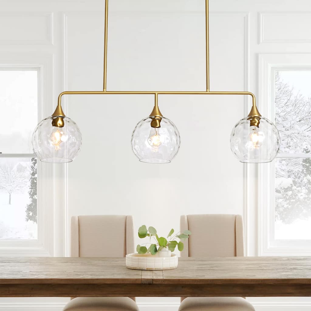 3-Light Modern Black/Brushed Gold Linear Chandelier for Kitchen Island with Clear Textured Glass Globe Shades
