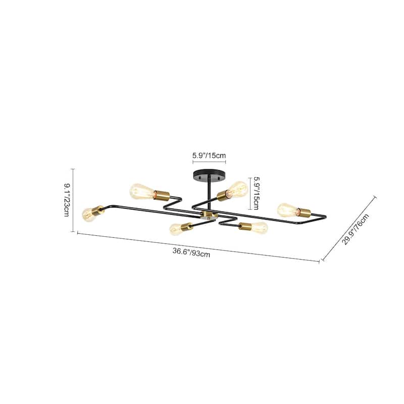 6-Light Industrial Black Brass Sputnik Semi Flush Mount Ceiling Light - 36.6 Inches