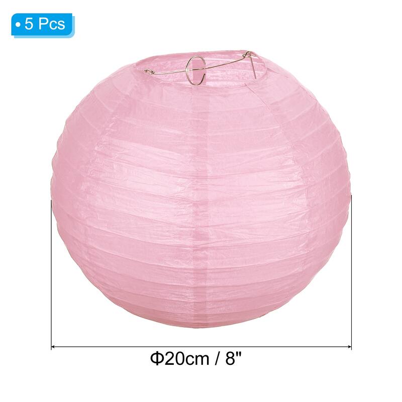 5 Pcs Paper Lanterns Round Hanging Chinese/Japanese Lantern Decor - Pink - 8"