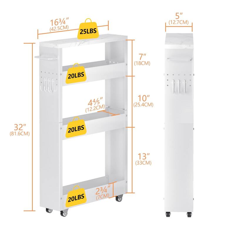 Slim Storage Cart, 4-Tier Kitchen Rolling Cart Narrow Storage Cabinet with Handle & Wheels, Metal Rolling Shelf Unit