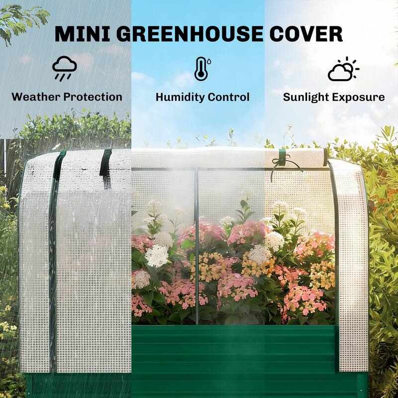 Outsunny Galvanised Raised Garden Bed with Greenhouse Cover, Metal Elevated Garden Bed with Legs, Bed Liner and Bottom Shelf