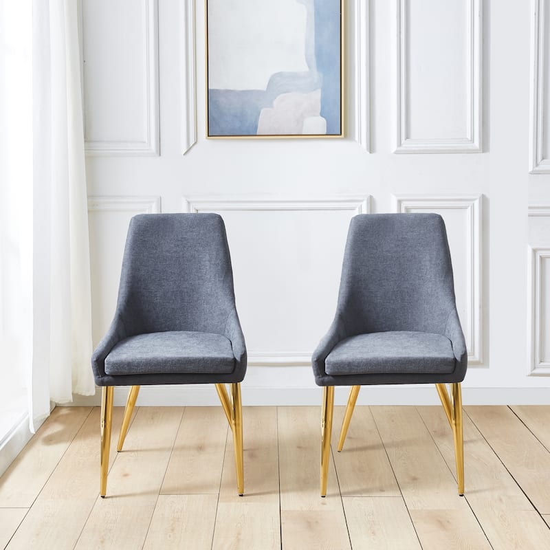 Set of 2 Classical Upholstered Accent Dining Chairs with Steel Legs - Grey+Gold
