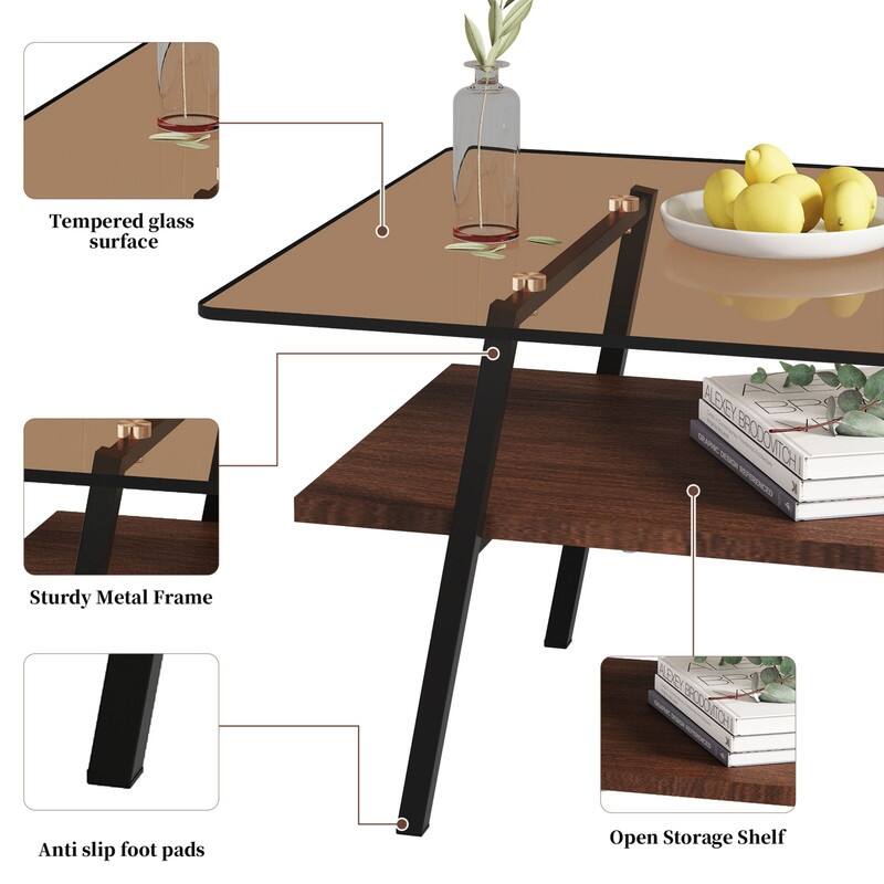 Rectangle Tempered Glass Coffee Table with Metal Legs