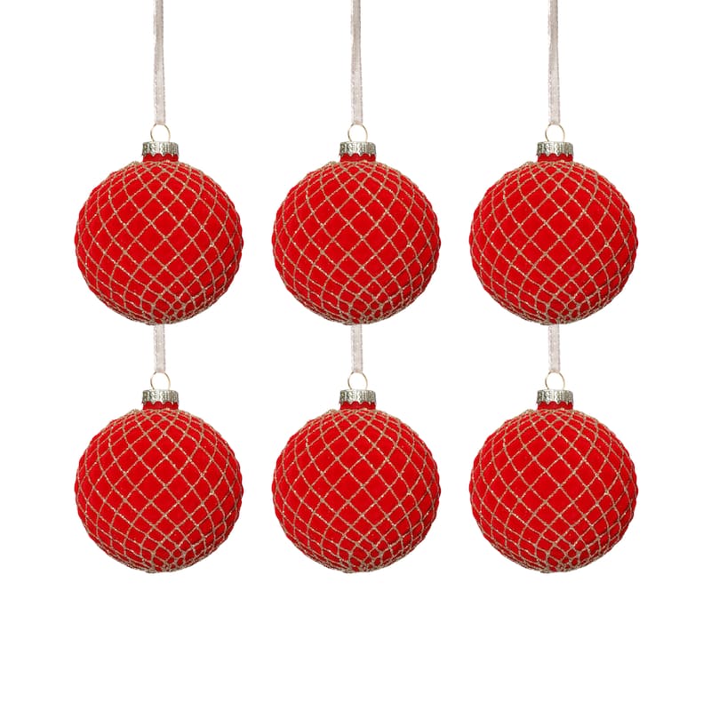 Flocked Glass Ball Christmas Ornaments with Gold Accents, Set of 6, 3.25"