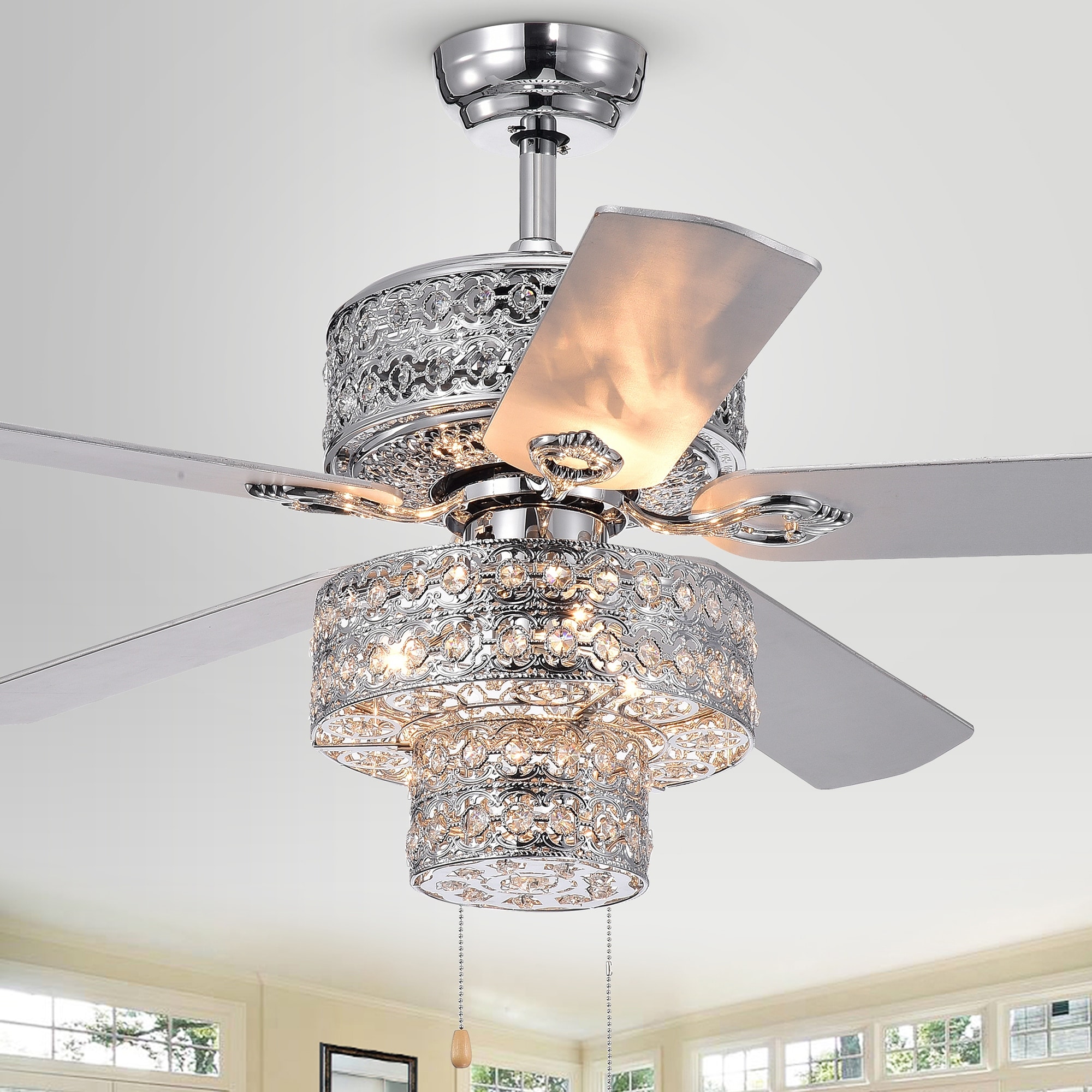 Warehouse of Tiffany Empire Trois 52-inch Silver Chandelier Ceiling Fan with 2 Blade Colors