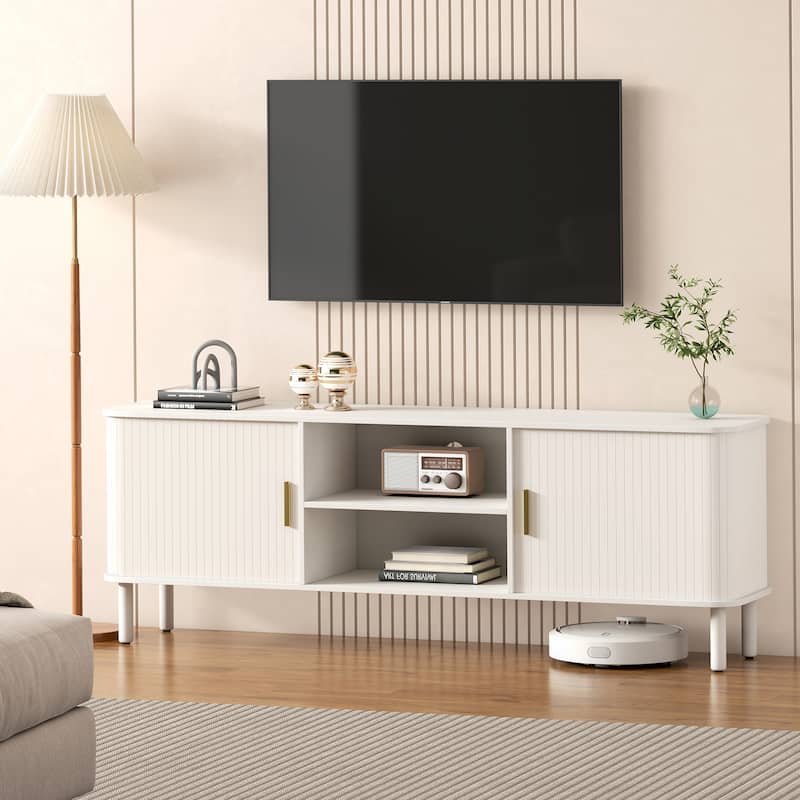 EROMMY 70" Modern TV Stand for 80 Inch TVs, Media Console with Sliding Doors and Storage Shelves - White