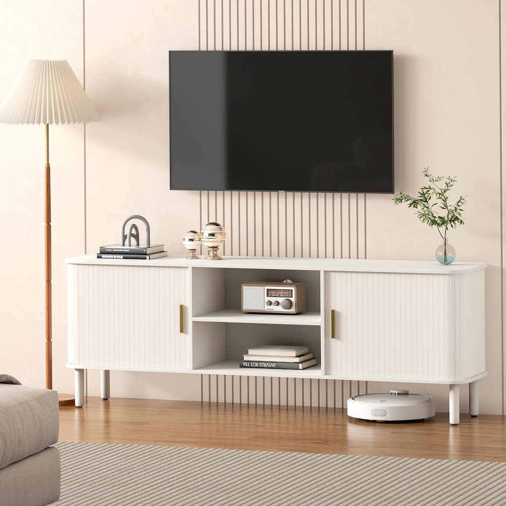 EROMMY 70" Modern TV Stand for 80 Inch TVs, Media Console with Sliding Doors and Storage Shelves