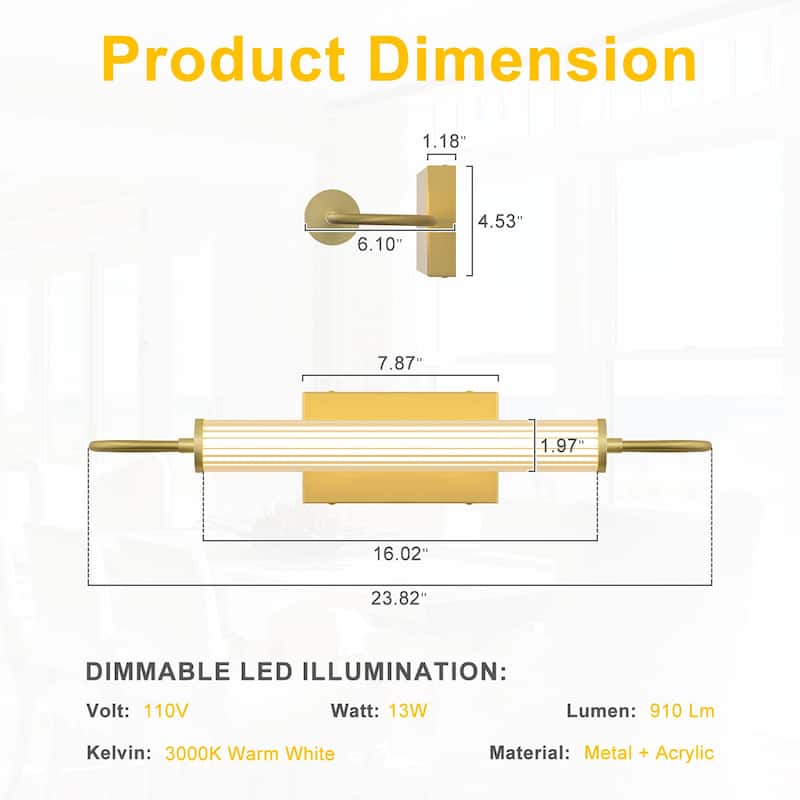 Modern Gold LED Wall Sconce with Cylinder Acrylic Shade Bathroom - W-23.85 in.