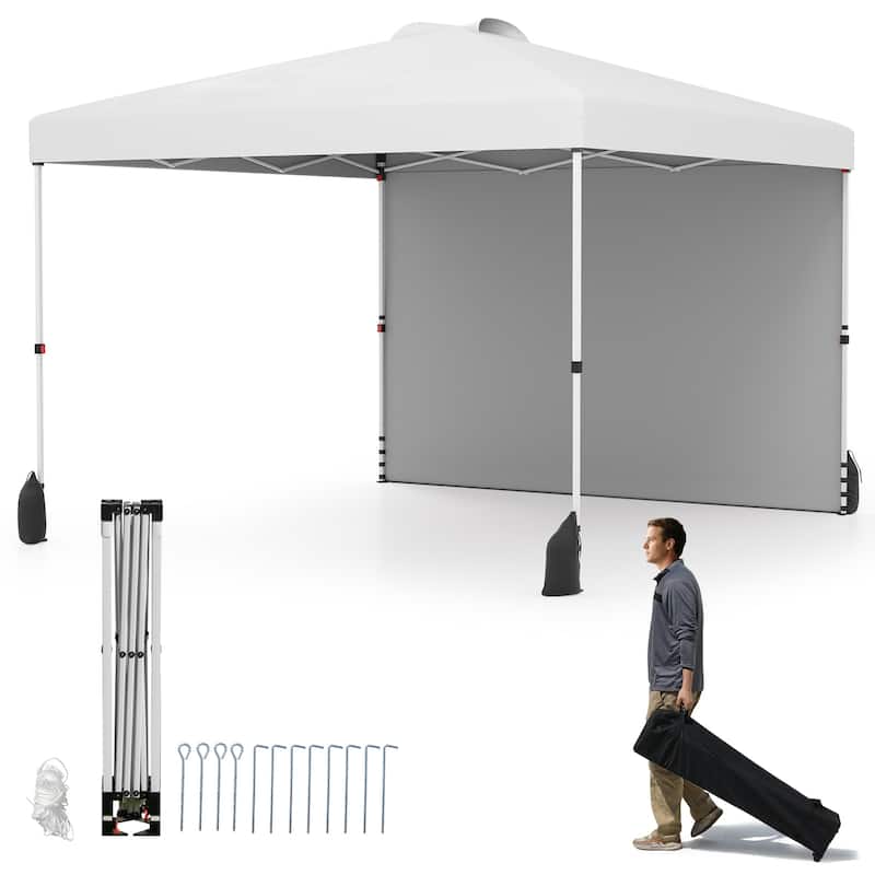 Gymax 10 X 10 FT Pop up Canopy Tent w/ 1 Sidewall Wheeled Bag 8 Stakes - White