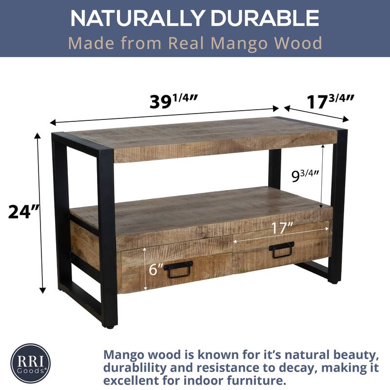 40" Mango Wood TV Stand with Industrial Style Drawers and Metal Frame