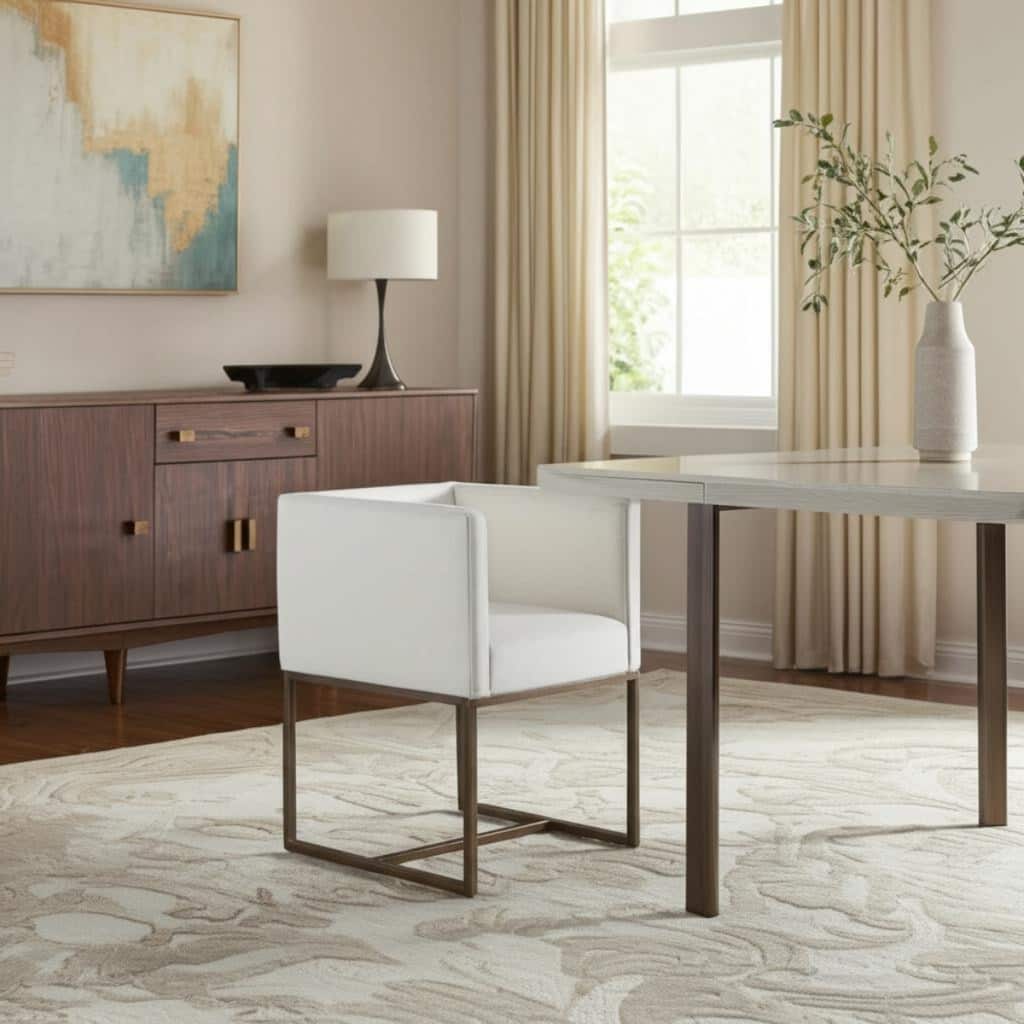Stylish Off White Upholstered Dining Chair with Brass Leg Support - 22” x 24.80” x 29.10”