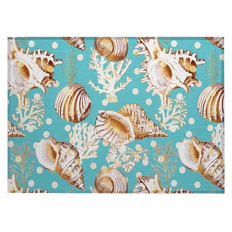 Indoor/ Outdoor Surfside Coral Shells Washable Rug New - Aqua - 1'8" x 2'6"