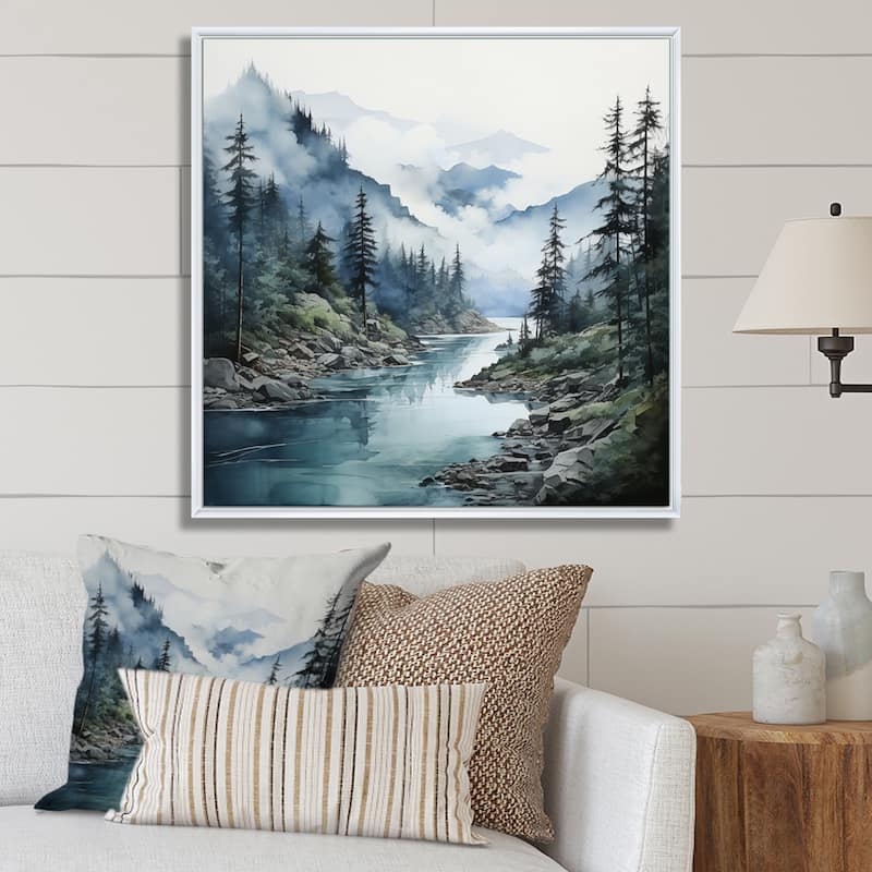 Designart "Grey Blue Minimalism Forest Reflections II" Minimalism Framed Wall Decor - White - 24 in. wide x 24 in. high