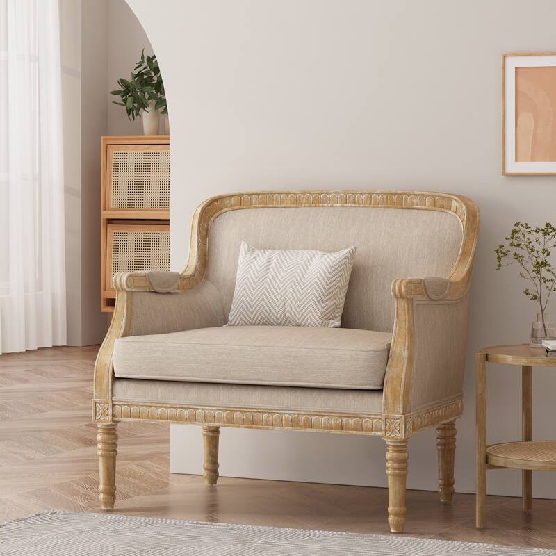 Roomfitters Upholstered Club Chair, Carved Wood Frame with Cushioned Seat, Classic Accent Armchair in Linen - Beige