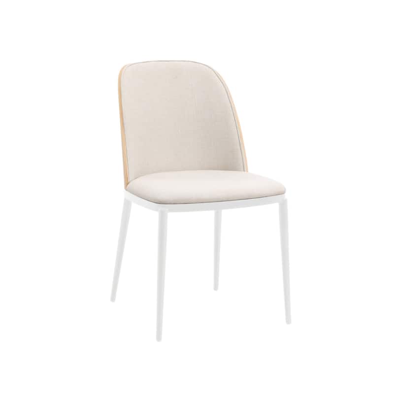 LeisureMod Tule Dining Chair with Upholstered Seat and White Steel Frame - Natural Wood/Beige