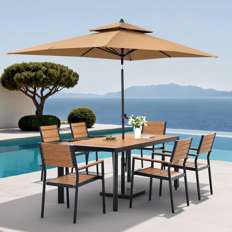 9-Piece Outdoor Patio Dining Set Wood Like Aluminum Umbrella Hole Table with Stackable Armchairs, Market Umbrella and Base - BrownTable&BrownChairs&TanUmbrella