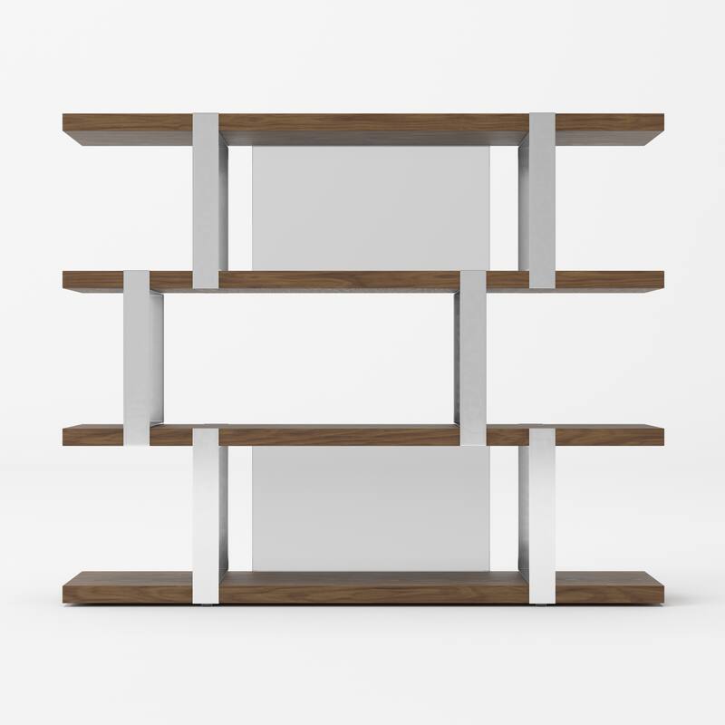 Modrest Brewer Modern Walnut Glass & Stainless Steel Bookshelf