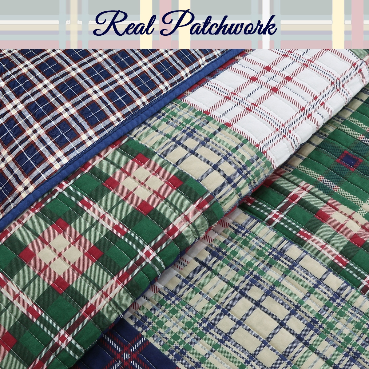 Cozy Line Nate Patchwork Reversible Cotton Quilt Bedding Set - Navy/Red/Green/White