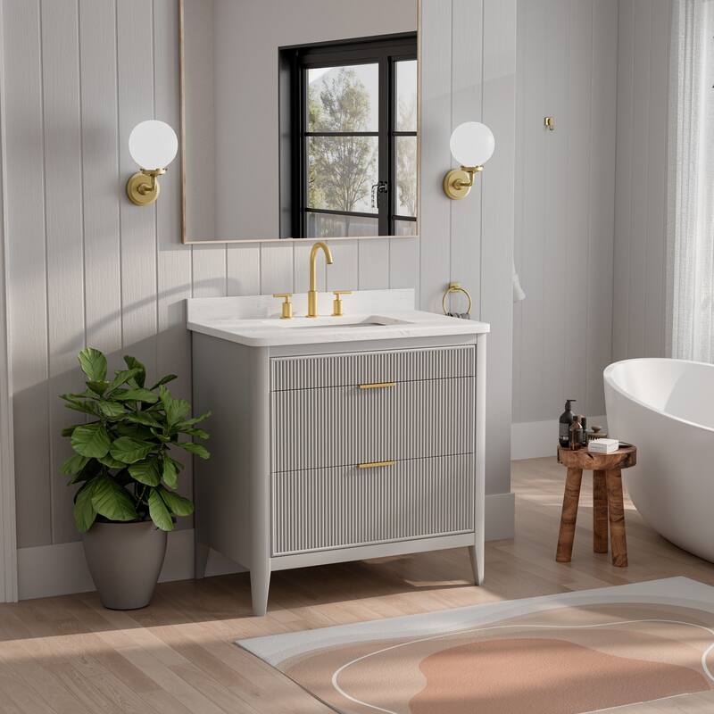 Modland 36" Freestanding Bathroom Vanity with Carrara Marble Top, Soft-Close Drawers, Fully Assembled, Green/Grey - 36 inch - Light Grey