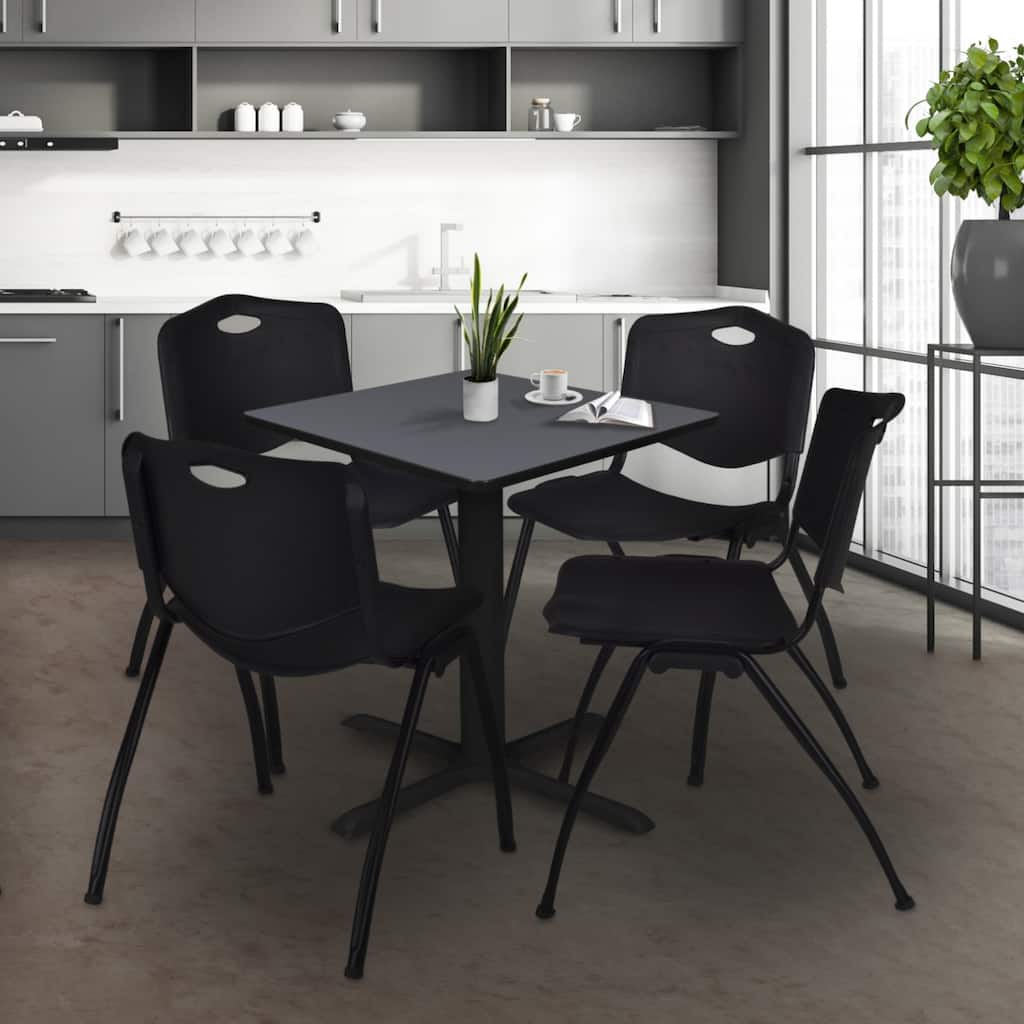30" Square Breakroom Table- Grey & 4 'M' Stack Chairs- Black - Grey, Black - 30