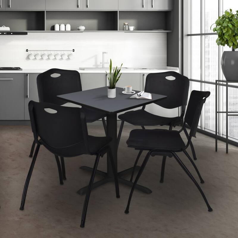30" Square Breakroom Table- Grey & 4 'M' Stack Chairs- Black - Grey, Black - 30
