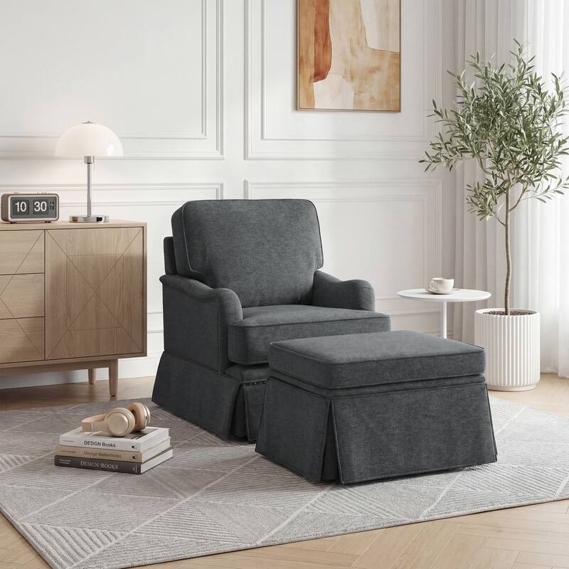 Modern Chenille Swivel Armchair and Storage Ottoman - Set of Chair with Ottoman - Grey