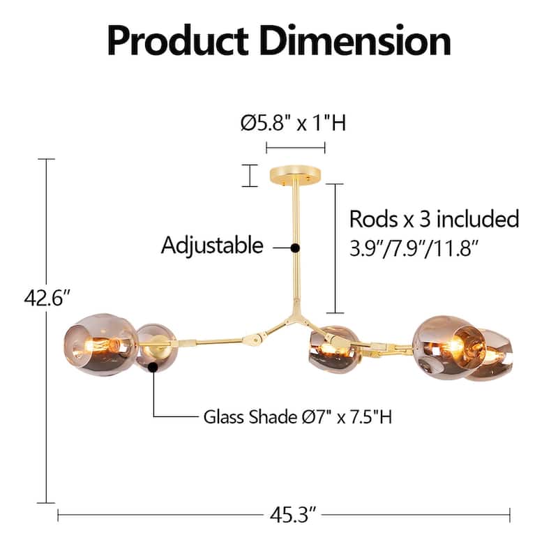 Adjustable Chandelier Pendant, Gold Chandelier with Smoked Glass Shades