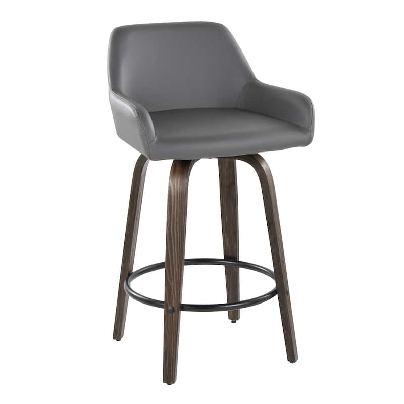 Porch & Den Galotti 26" Fixed-Height Counter Stool with Bent Wood Legs & Round Footrest (Set of 2) - Grey Faux Leather/Walnut Glazed/Black Metal