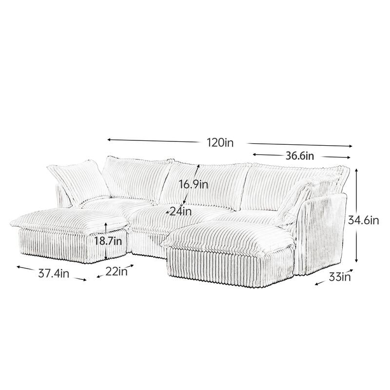 120" Corduroy U-Shape 3-Seater Sectional Sofa with Removable Slipcover, French Edge Design and Cloud-Like Cushions