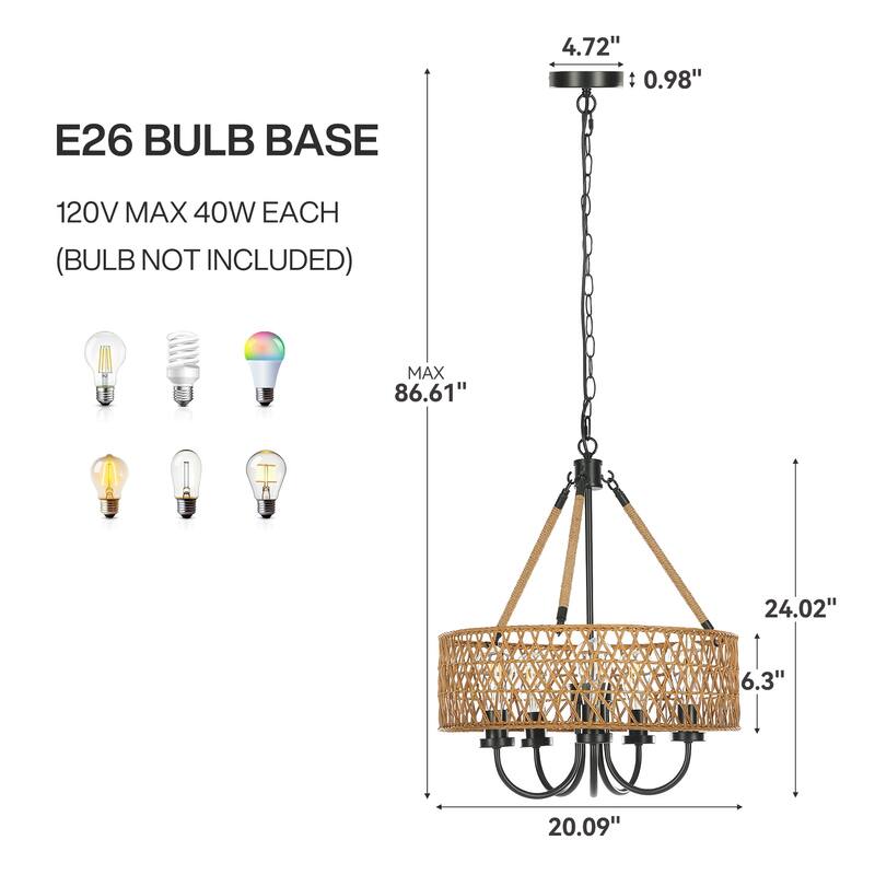 5-Light Boho Chandeliers Rattan Hand Woven Pendant Light