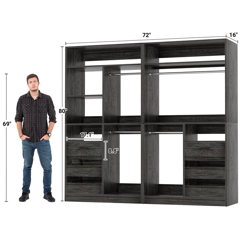 Qvella 72'' Closet System with 6 Wooden Drawers and 4 Hanging Rods, Walk-in Closet Organizer with 10 Storage Shelves