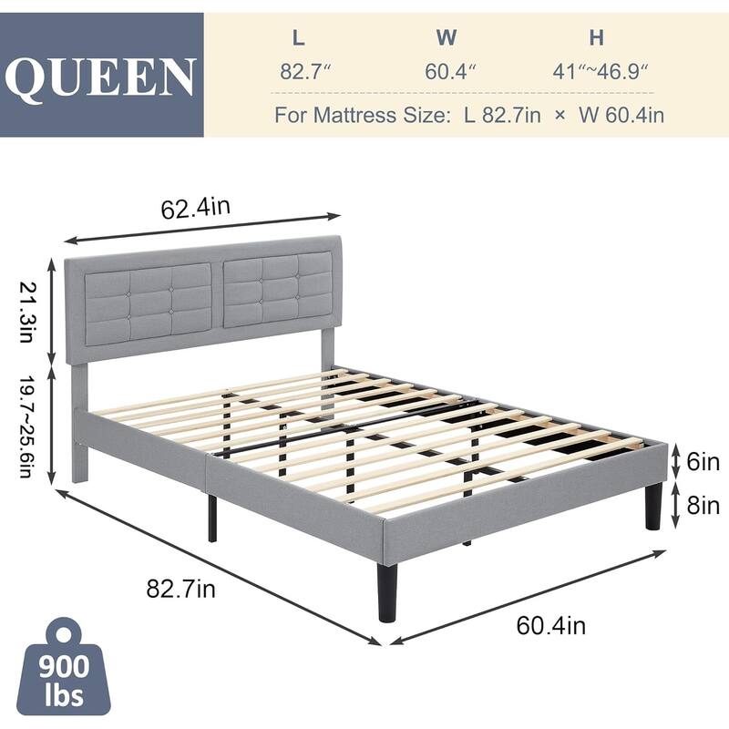 VECELO Bed Frame with Adjustable Headboard, Upholstered Button Tufted Platform Bedframe with Wood Slats Support