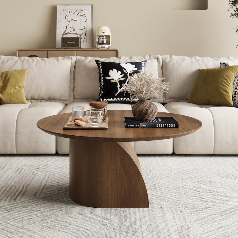35.4" Mid-Century Modern Round Coffee Table-Solid Wood Veneer,Sturdy Curved Base - Wood