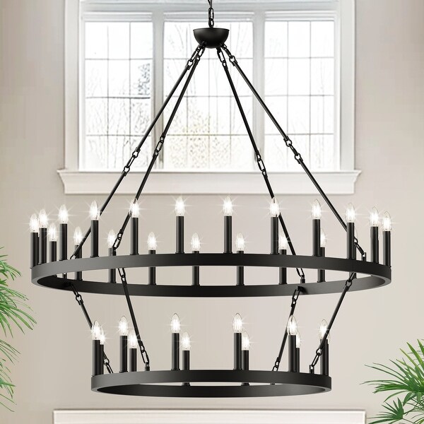 2 Tier Dining Room Light Fixture Wagon Wheel Chandelier 47 60 70 inch Extra Large Farmhouse Round Rustic Lighting 60 in. Black